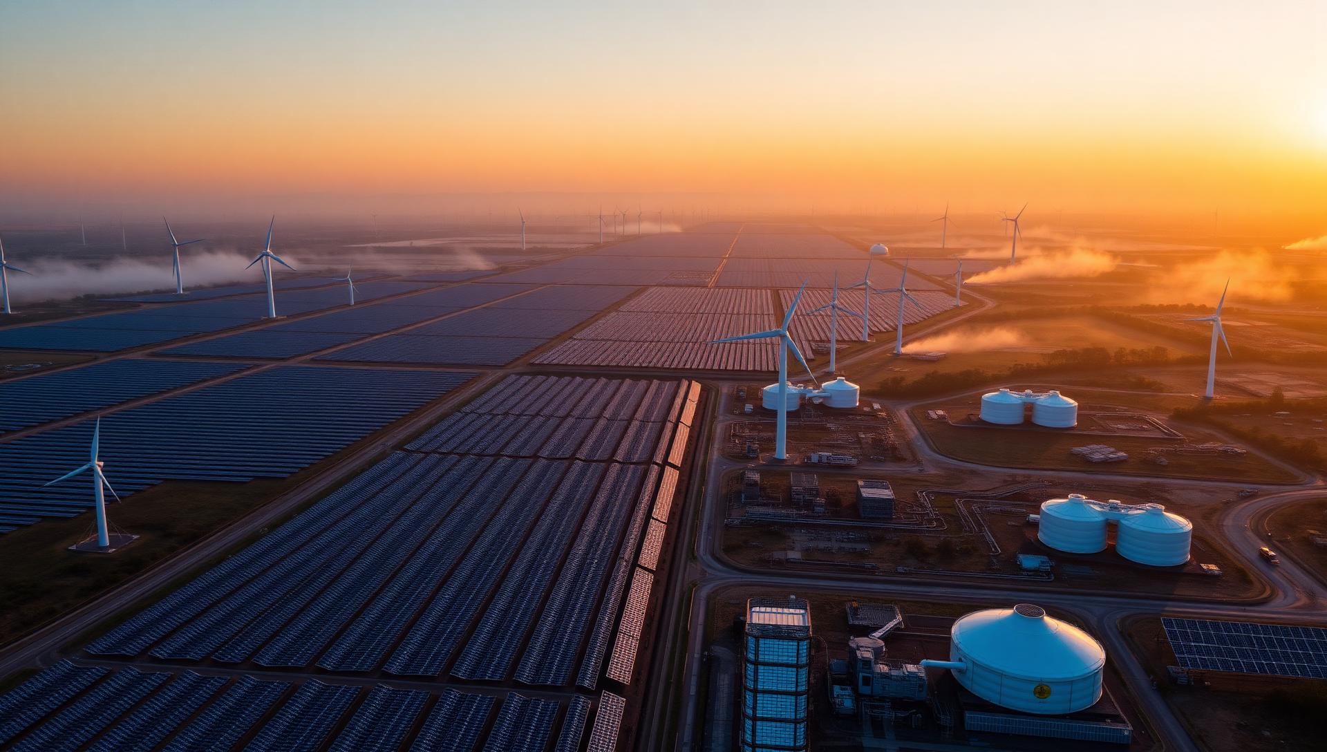 Utility-scale solar, wind and green hydrogen megaproject at sunrise